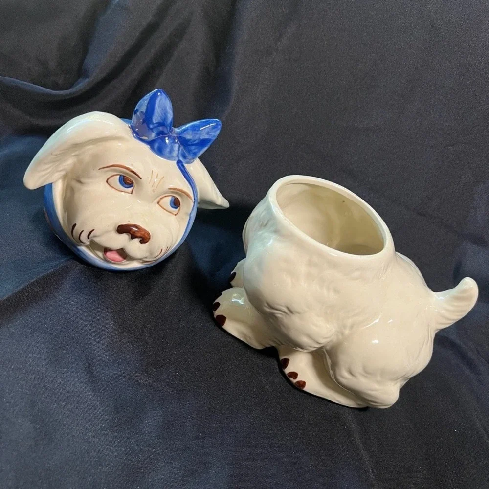 Shawnee Pottery Mugsy Dog Cookie Jar w/ Salt & Pepper Shakers AS IS REPAIRED BOW